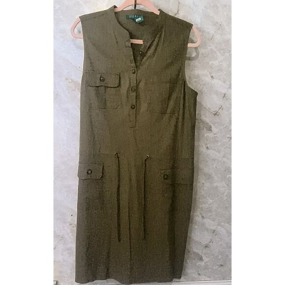 LAUREN RALPH LAUREN BOTTLE GREEN DRESS LINEN VISCOSE BLEND SLEEVELESS SIZE L - Picture 1 of 3